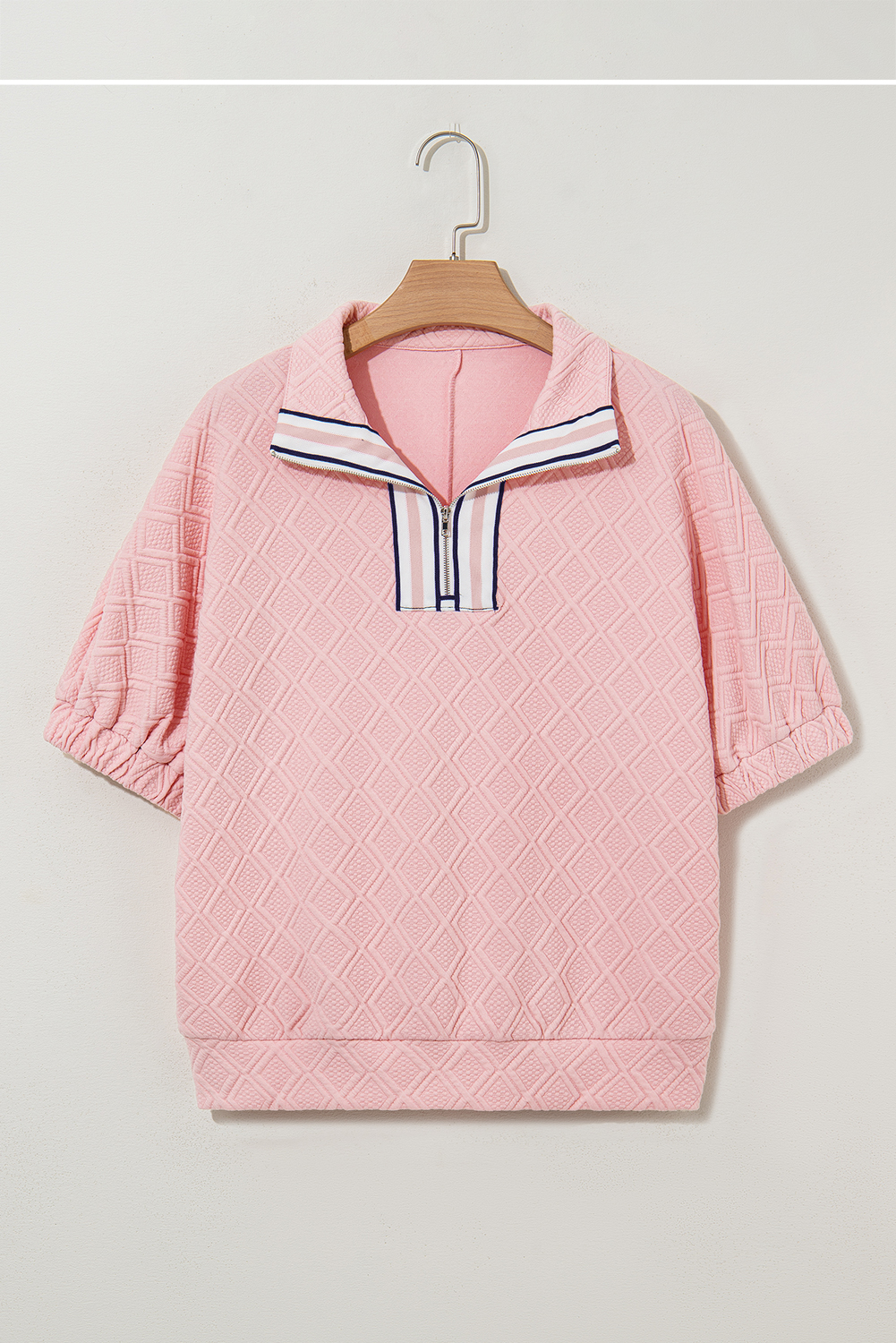 Light Pink Contrast Striped Collar Patchwork Textured Half Sleeve Blouse - Image 5