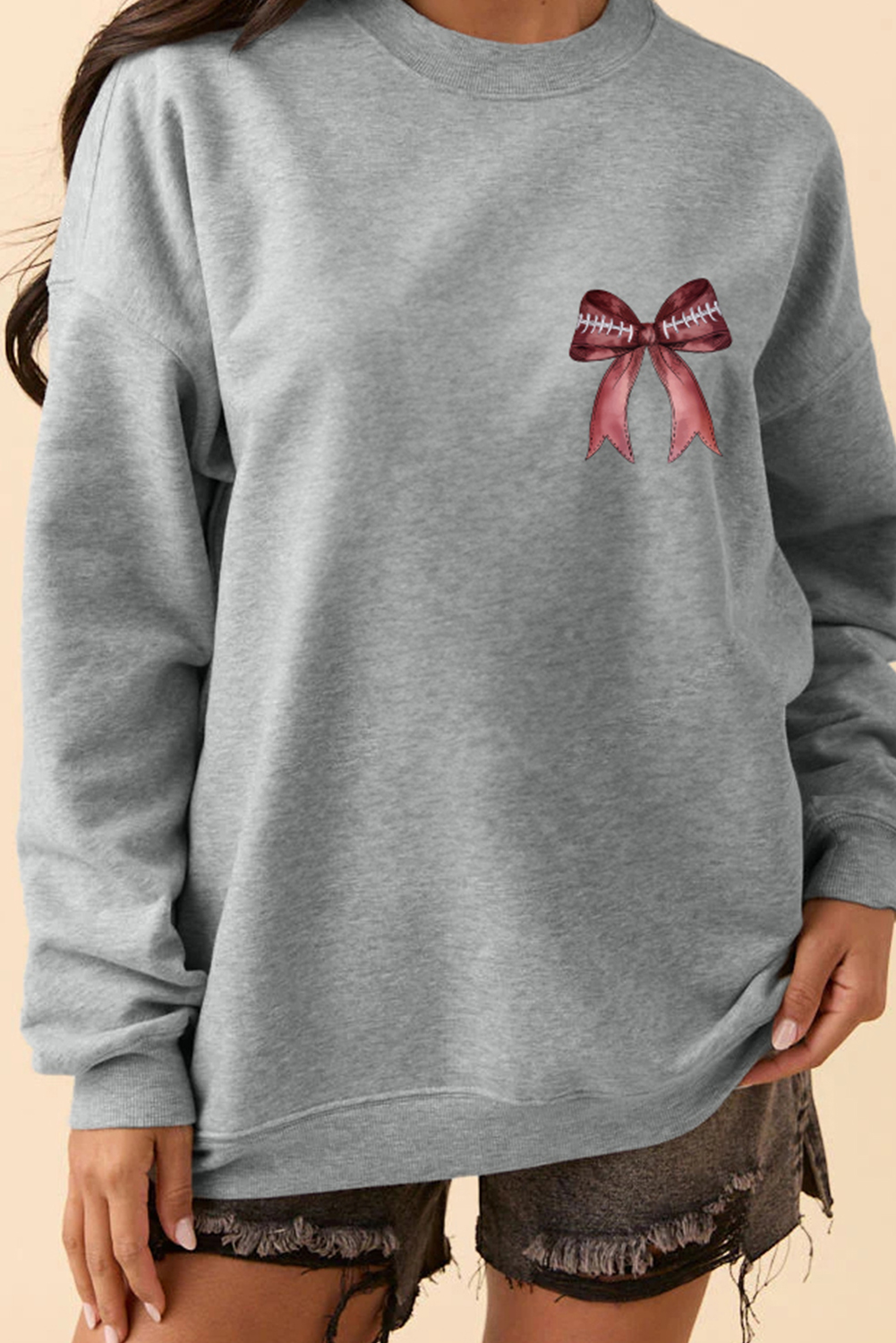 Gray Football Bow Print Drop Shoulder Pullover Sweatshirt - Image 5