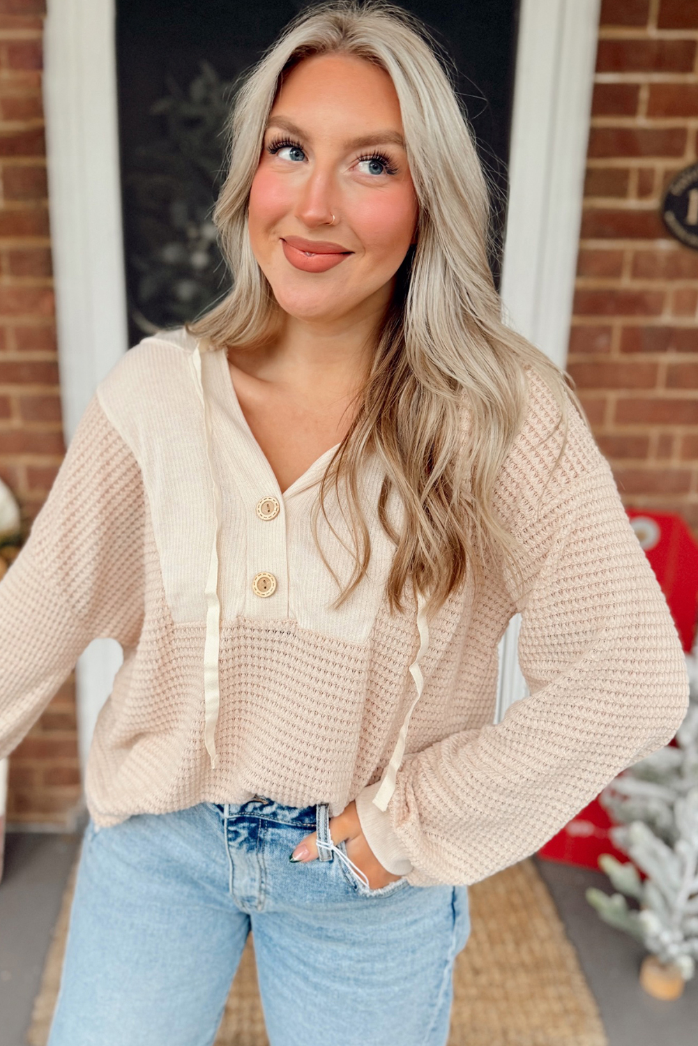 Oatmeal Waffle Patchwork Drop Shoulder Hooded Long Sleeve Top - Image 3