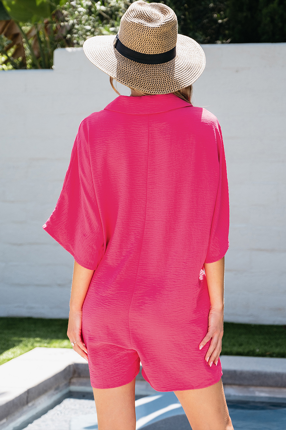 Bright Pink Half Button Collared Loose Romper - Image 2
