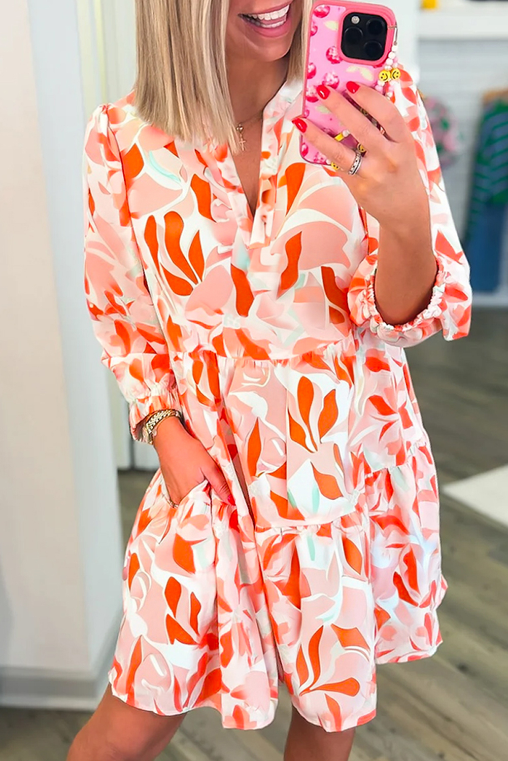 Orange Abstract Print Split Neck Long Sleeve Dress - Image 4