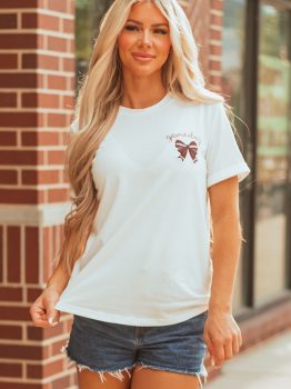 White Game Day Bowknot Embroidered Graphic Casual Tee
