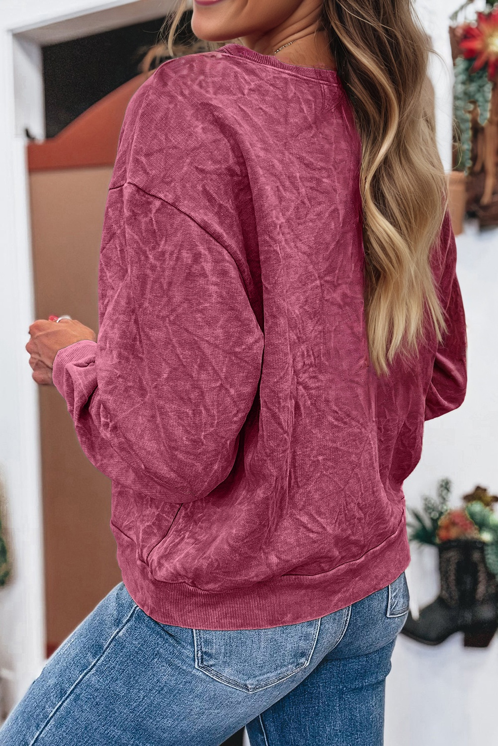 Mineral Red saved by grace Letter Embroidery Mineral Wash Loose Sweatshirt - Image 2