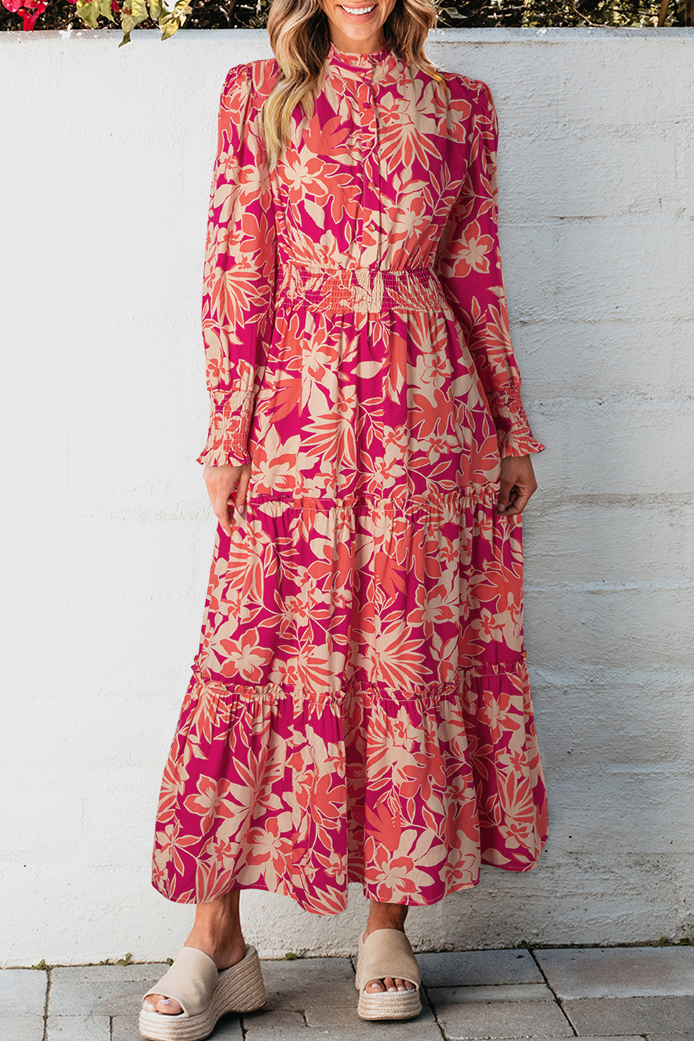 Rose Floral Print Buttoned Smocked High Waist Maxi Dress - Image 3