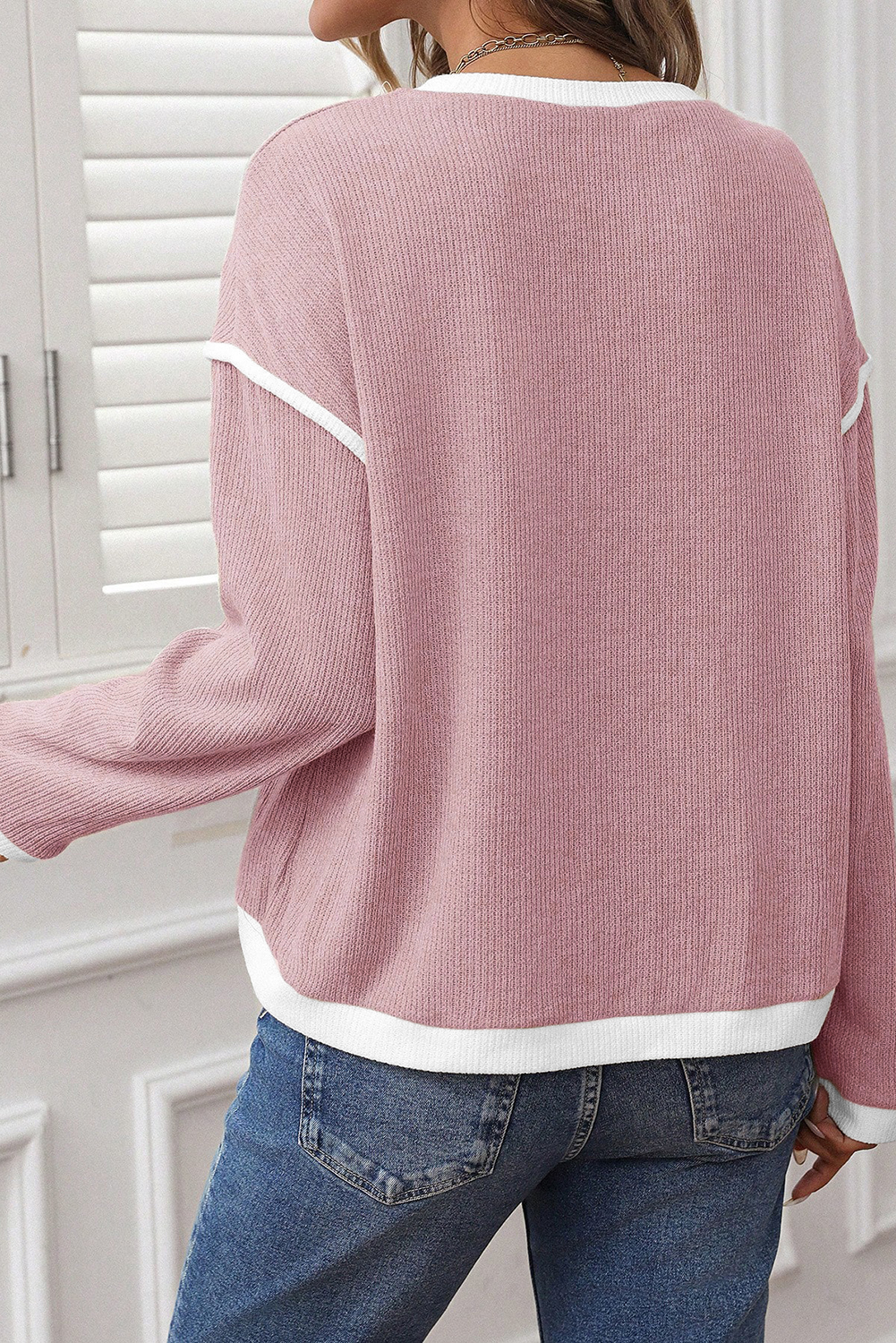 Light Pink Contrast Color Trim Knit Drop Shoulder Loose Top - Image 2