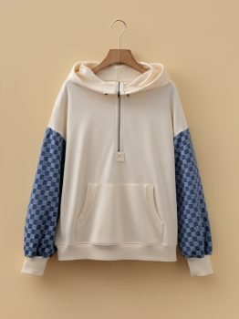 Parchment Checkered Patchwork Kangaroo Pocket Half Zipper Hoodie