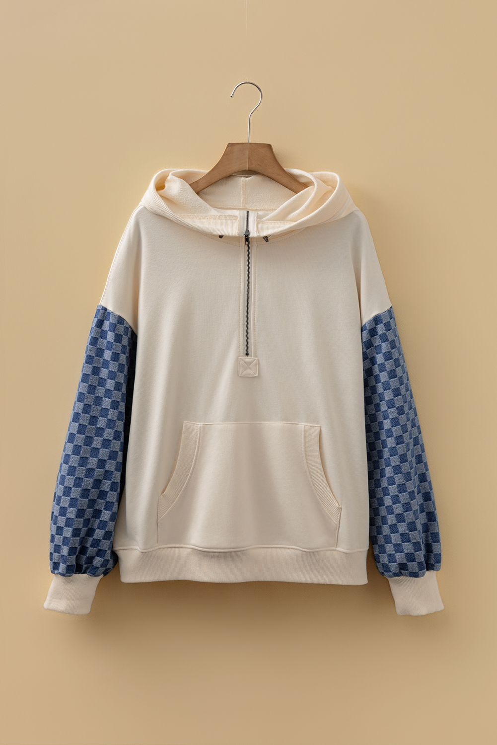 Parchment Checkered Patchwork Kangaroo Pocket Half Zipper Hoodie