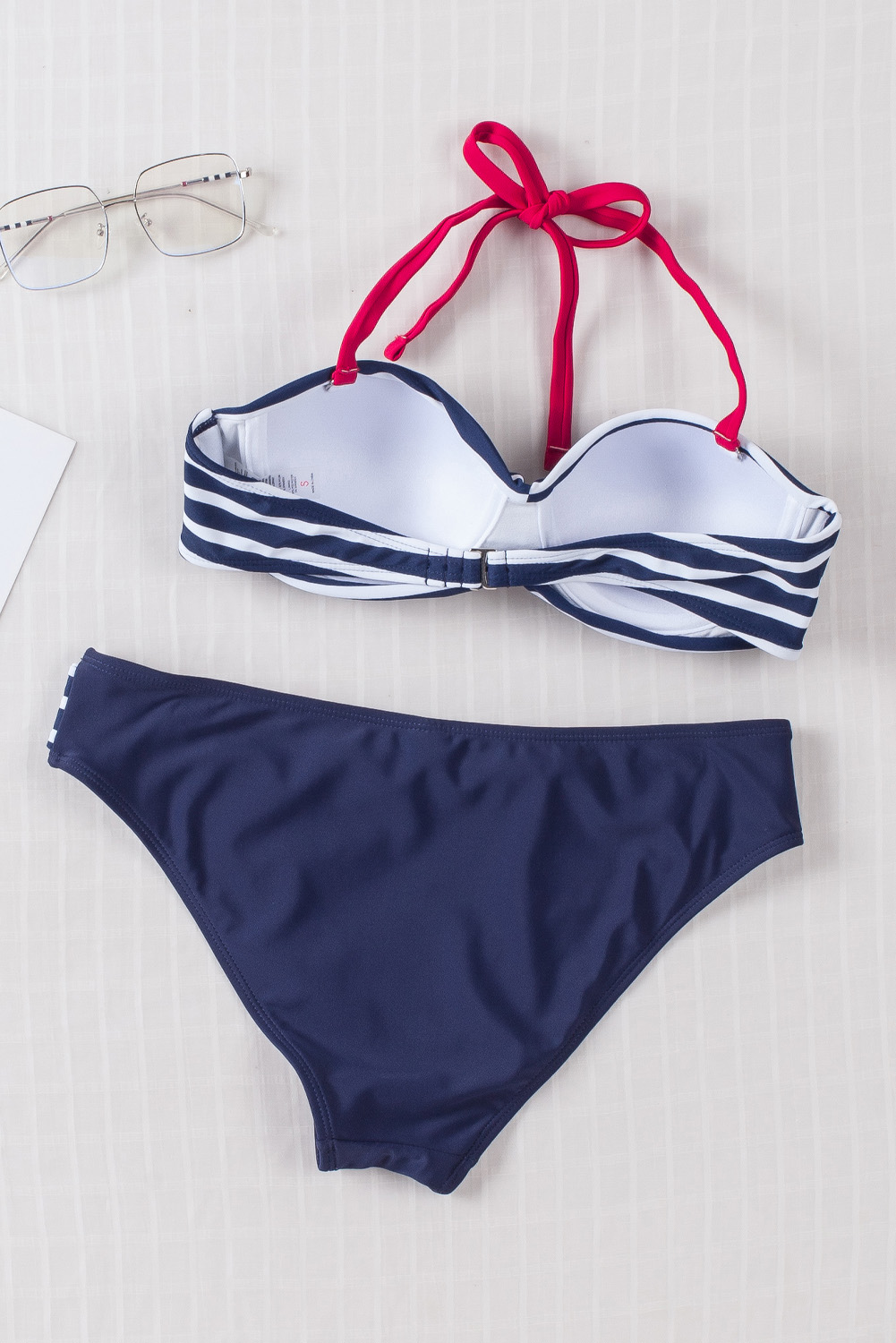 Blue Halter Bandeau Striped Bikini - Image 8