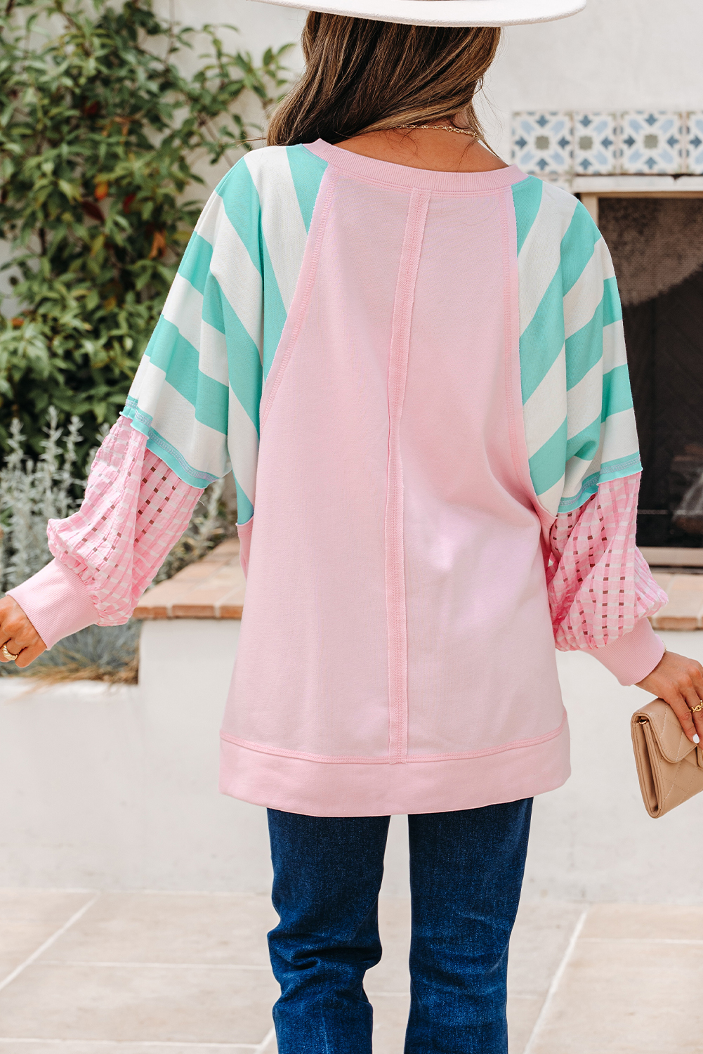 Bonbon Striped Colorblock Patchwork Raglan Pullover Top with Slits - Image 2