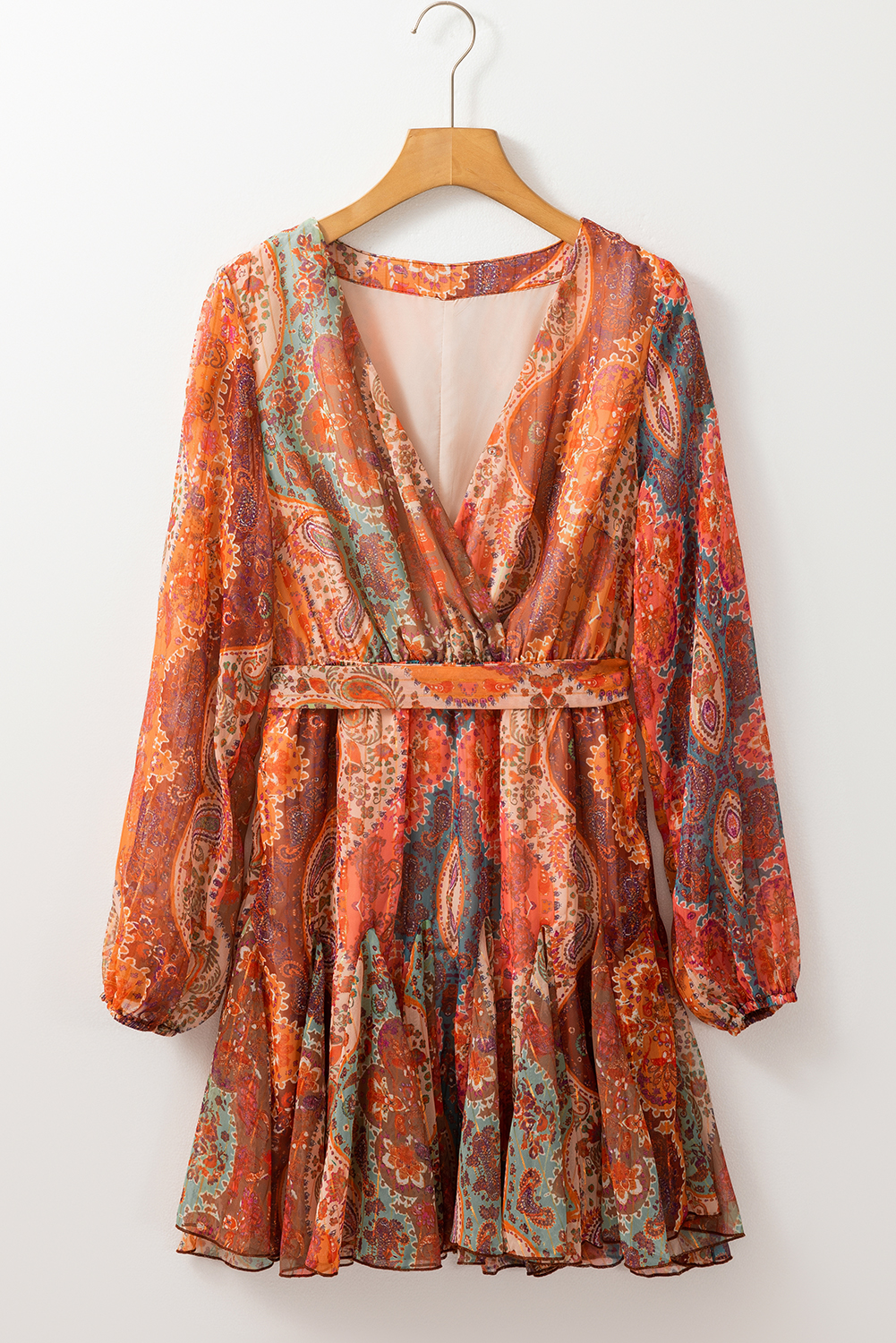Orange Boho Paisley Print Long Sleeve Pleated Belted Mini Dress - Image 7