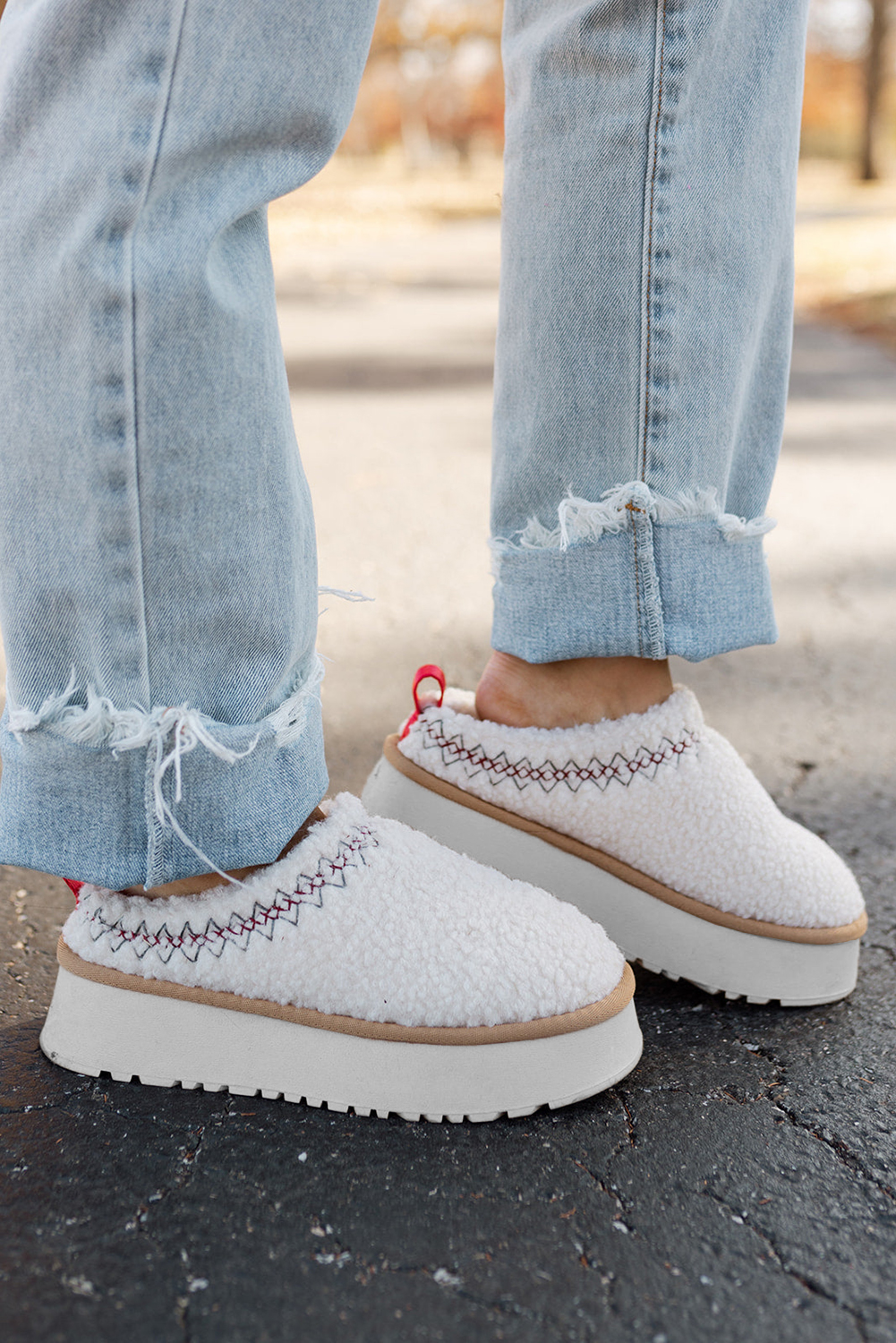 White Embroidered Sherpa Plush Thick Sole Winter Slippers - Image 6
