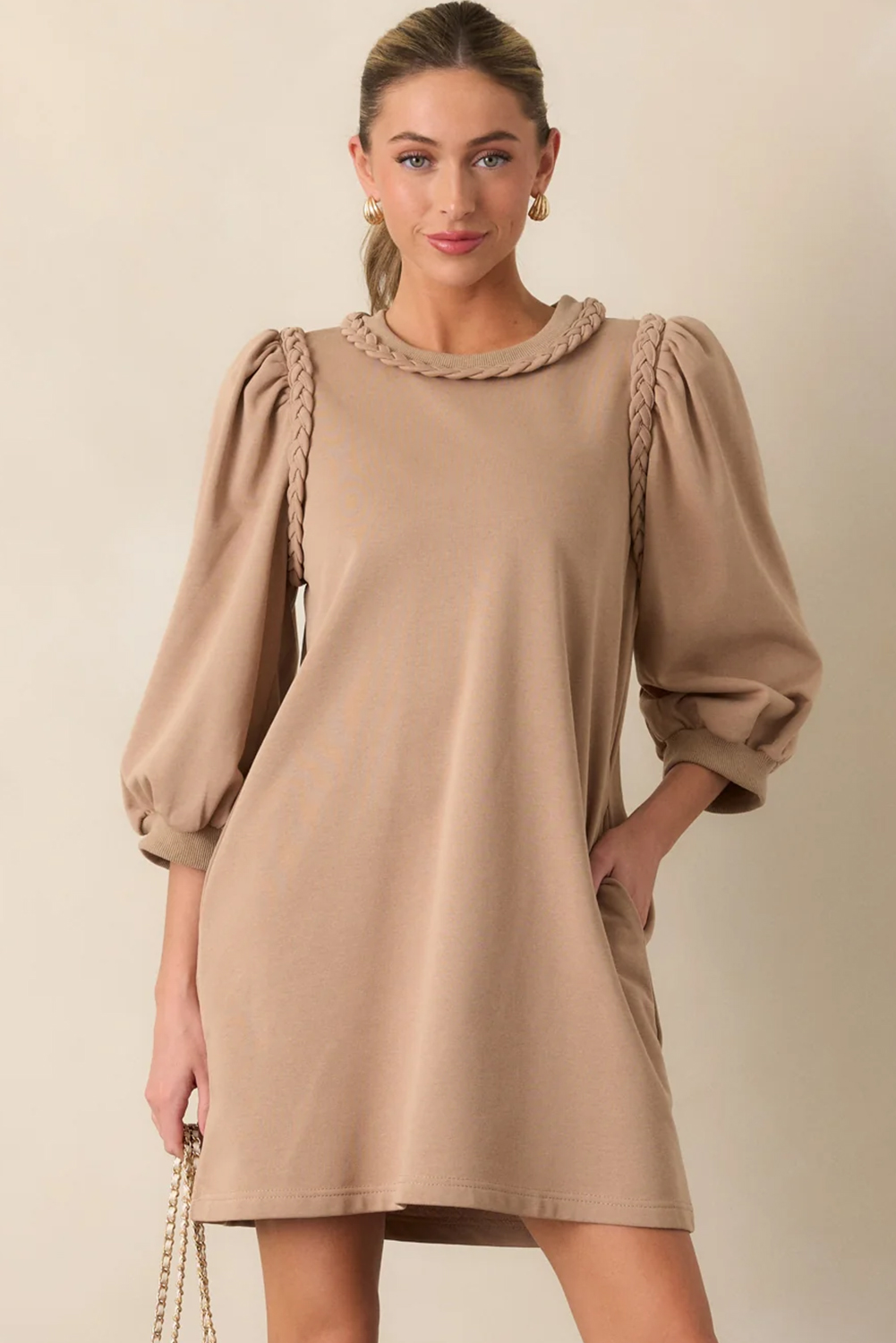 Light French Beige Braided Trim Puff Sleeve Dress - Image 3