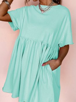 Moonlight Jade Solid Color Pocketed Raw Edge Babydoll Dress