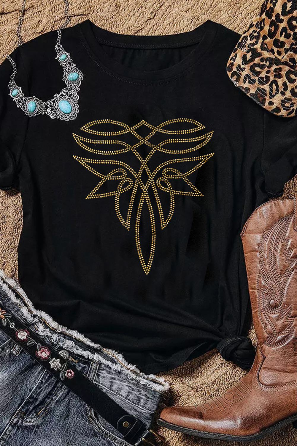 Black Rhinestone Western Pattern Cotton Blend Graphic T Shirt - Image 2
