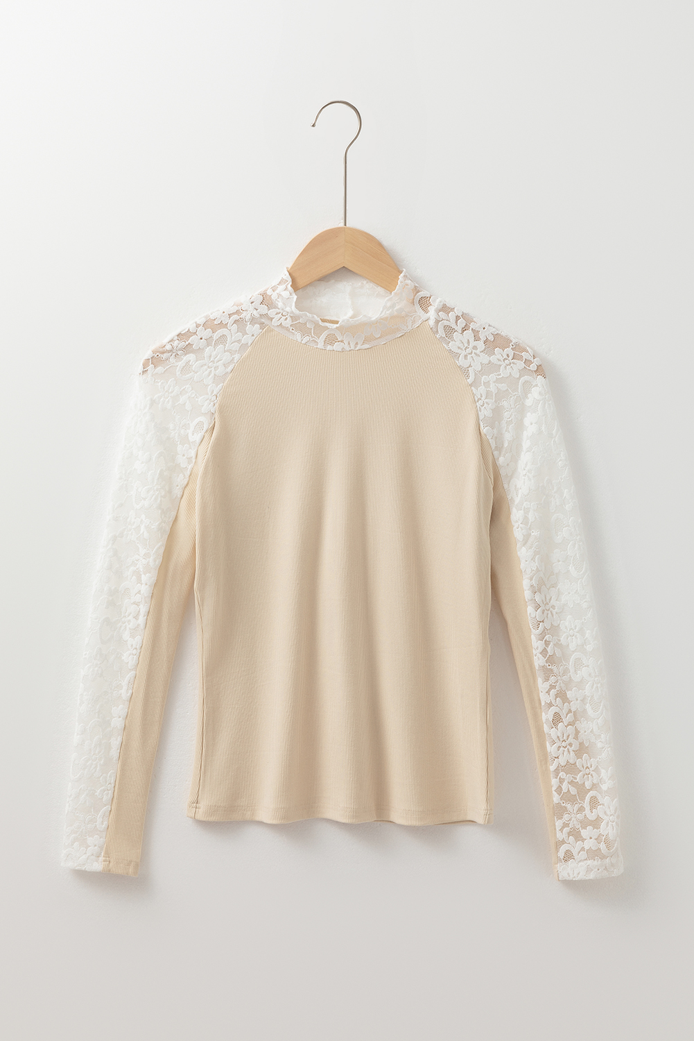 Beige Floral Lace Patchwork Long Sleeve High Neck Slim Top - Image 6