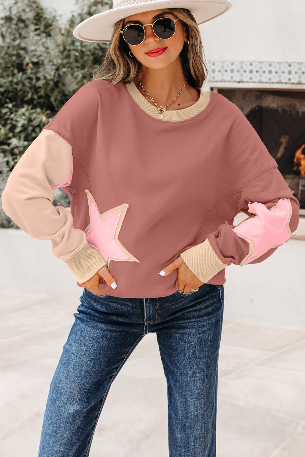 Rose Pink Contrast Star Patchwork Exposed Seam Uneven Hem Drop Shoulder Sweatshirt - Image 8