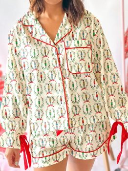 Beige Nutcracker Print Contrast Trim Tied up Bow Silky 2pcs Pajama Set