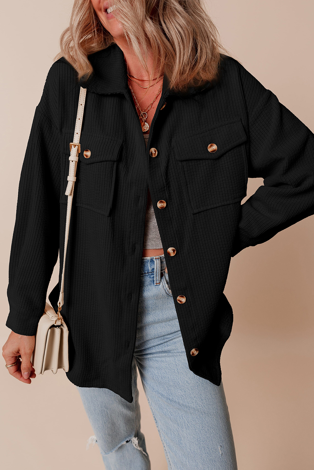 Black Corduroy Flap Pocket Button Up Shacket - Image 5