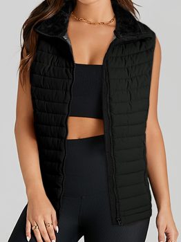 Black Plush Collared Quilted Zipped Puffer Vest