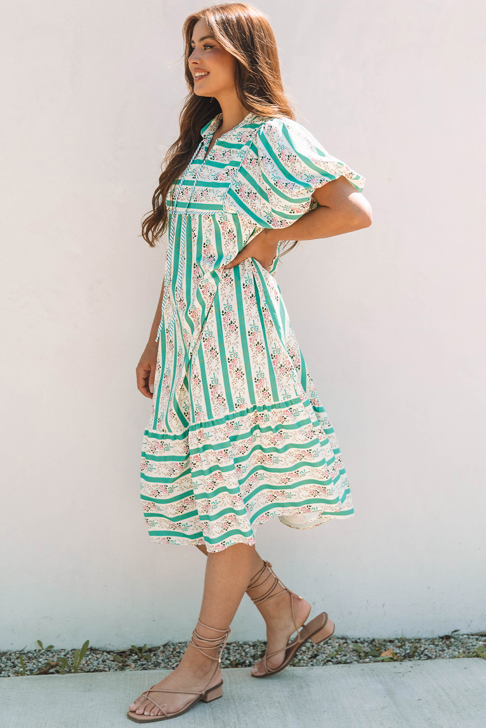 Multicolour Striped Floral Print Tie Split Neck Puff Sleeve Midi Dress - Image 3