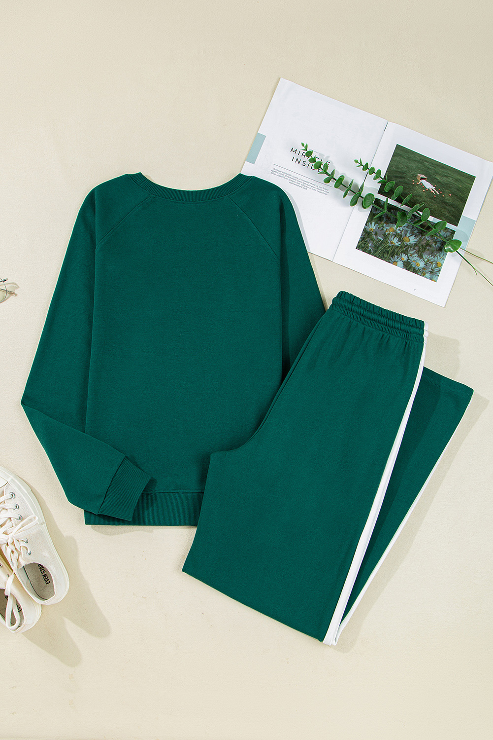 Sea Green Solid Color Pullover Top Varsity Stripe Detail Loose Drawstring Pants Set - Image 5