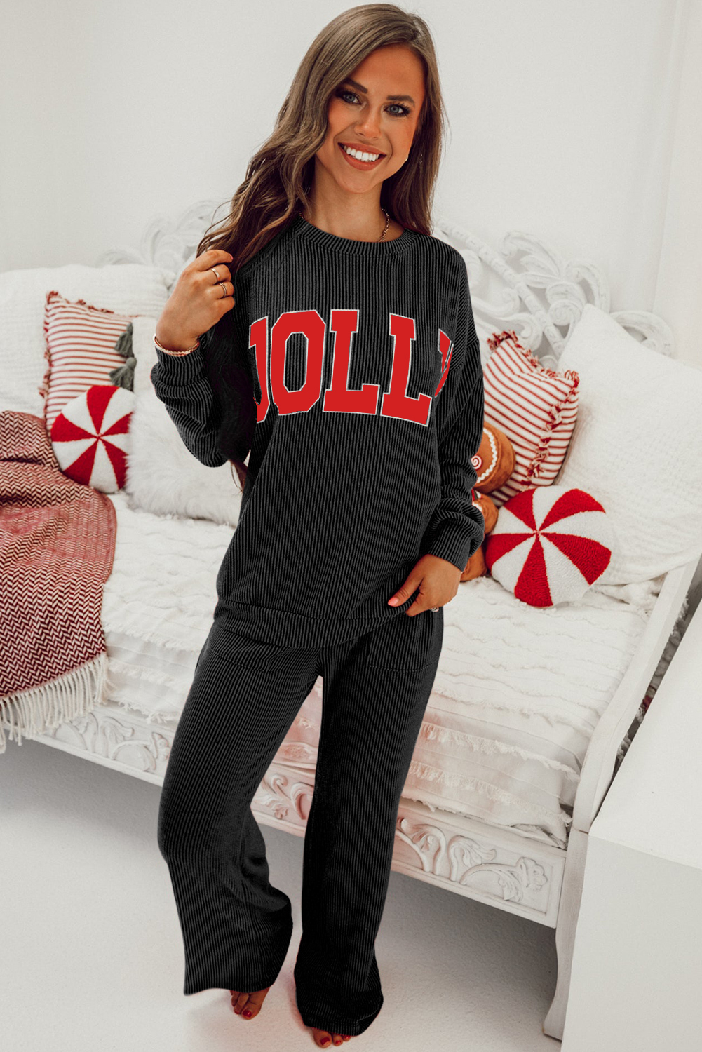 Black JOLLY Corded Long Sleeve Top and Pockets Pants Set - Image 5