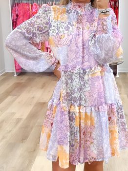Multicolour Floral Smocked Mock Neck Ruffled Tiered Bubble Sleeve Dress