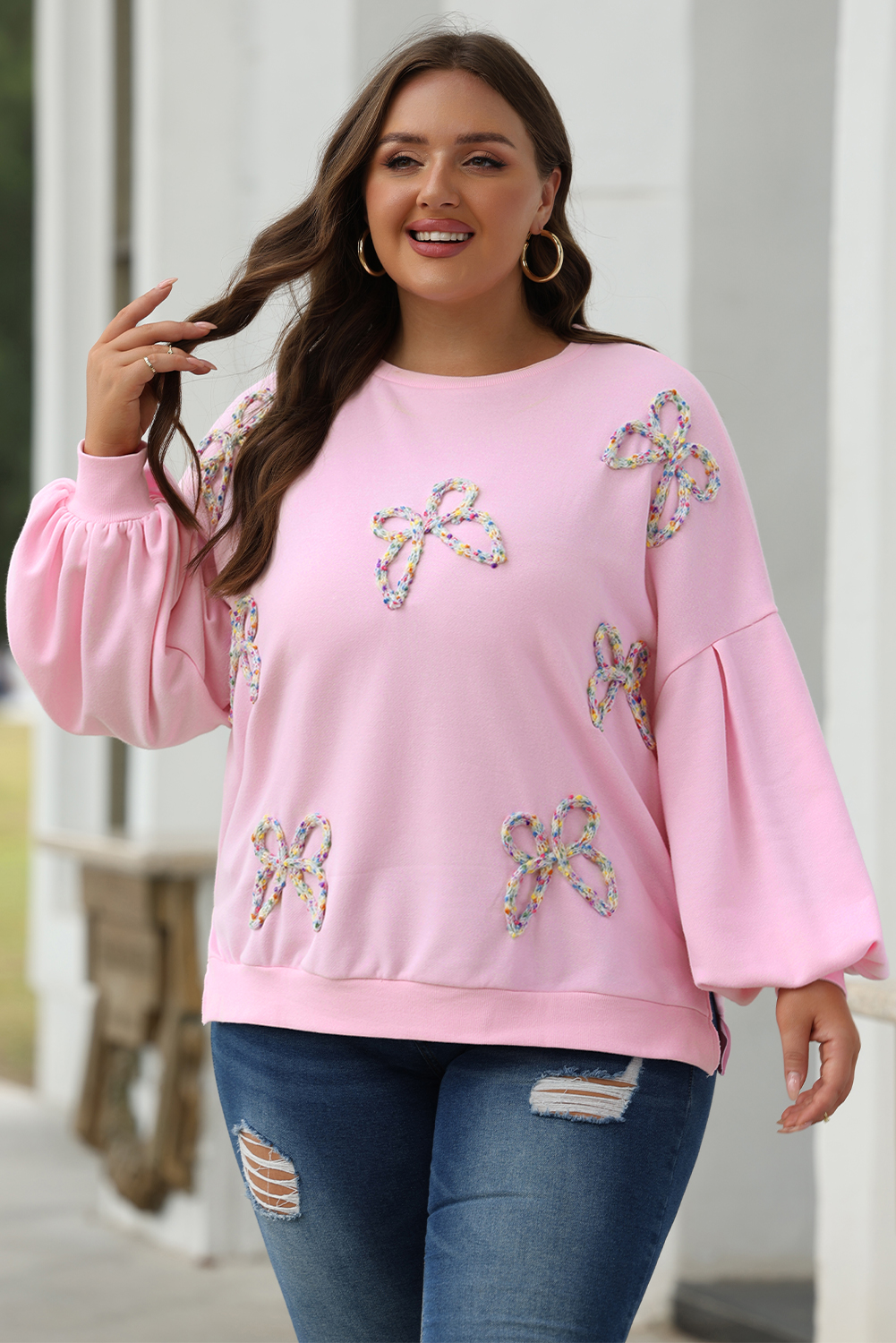 Light Pink Embroidered Bow Lantern Sleeve Oversized Pullover Sweatshirt - Image 8