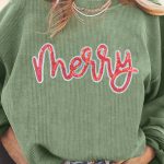 Grass Green Sequined merry Letter Graphic Twisted Ribbed Baggy Sweatshirt