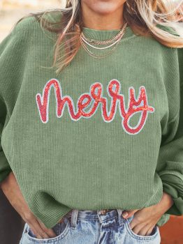 Grass Green Sequined merry Letter Graphic Twisted Ribbed Baggy Sweatshirt