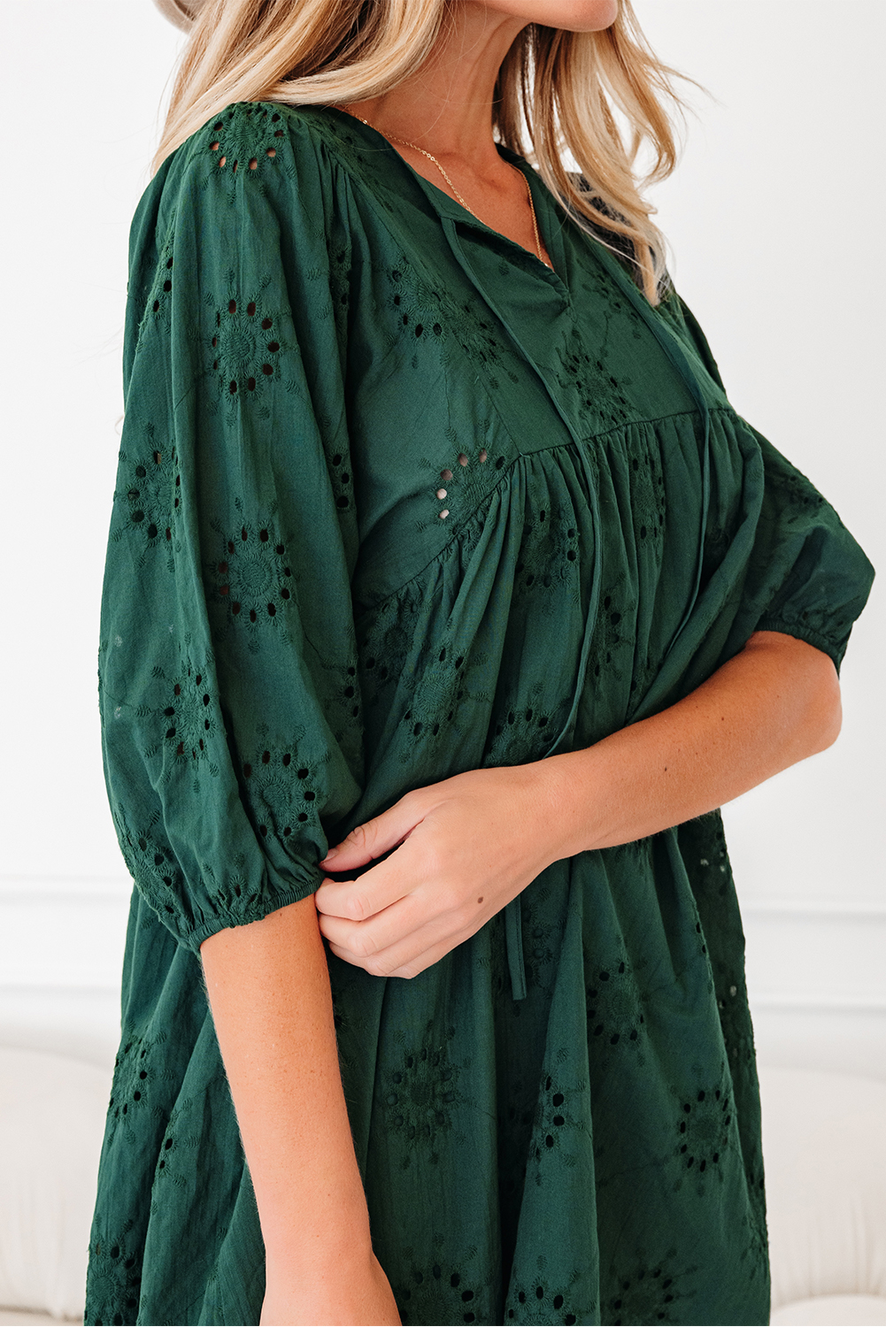 Blackish Green Embroidered Eyelet Pattern 3/4 Puffy Sleeve Swing Mini Dress - Image 6