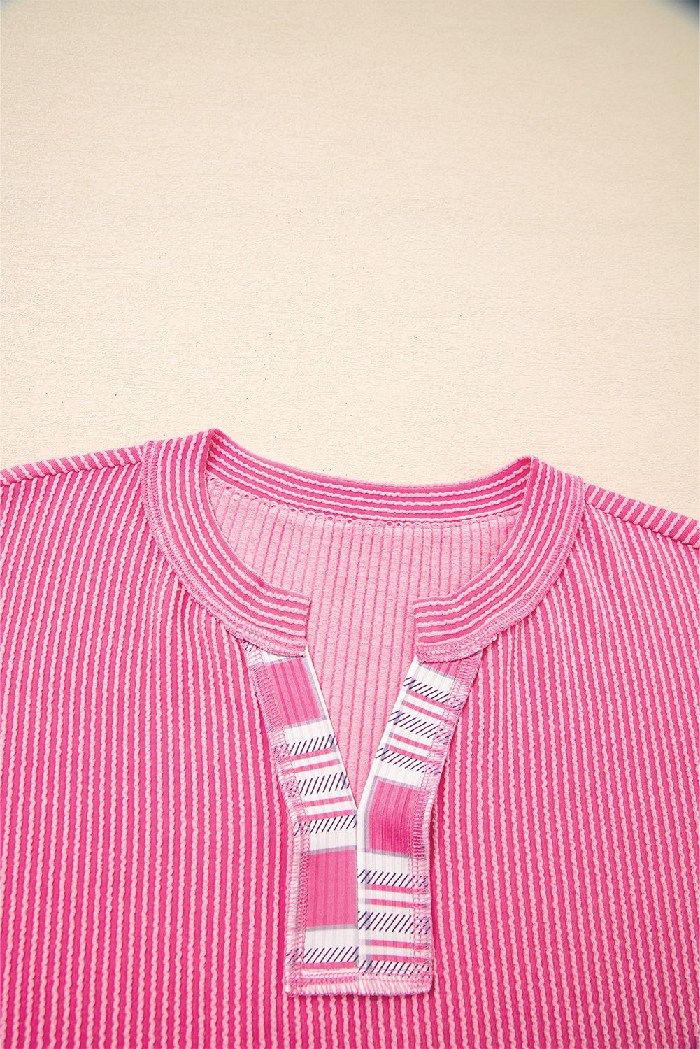 Rose Red Corded Texture Plaid Colorblock Patchwork Split Neck Long Sleeve Top - Image 3