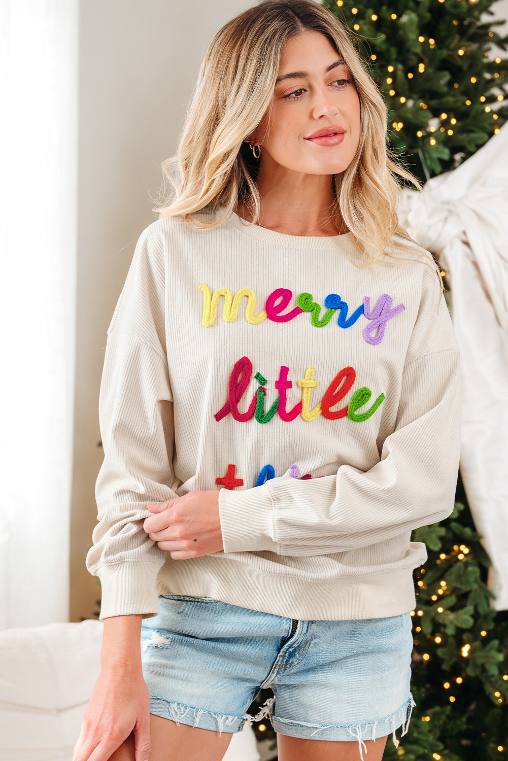 Beige merry little thing Corded Letter Graphic Ribbed Loose Sweatshirt - Image 4