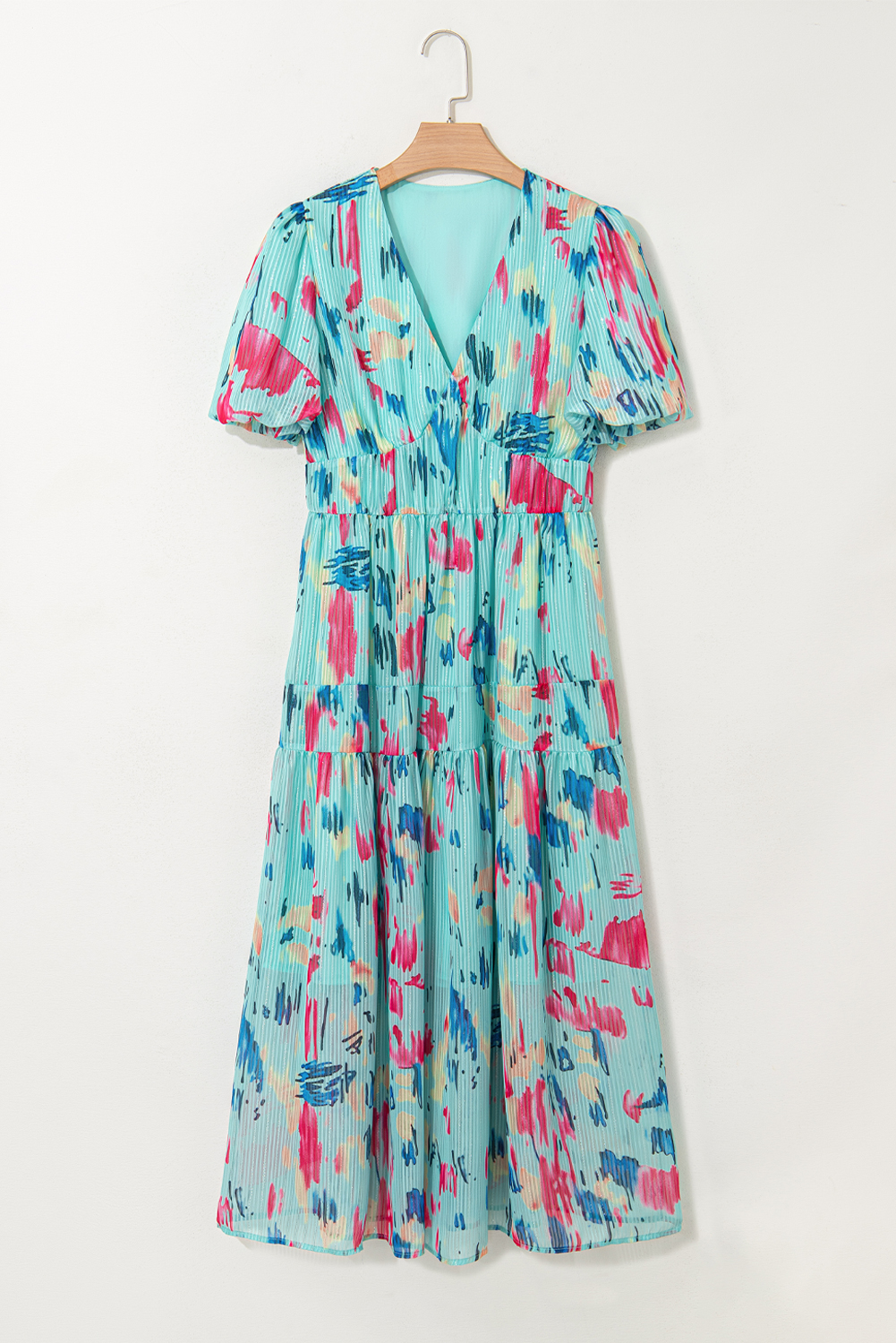 Sky Blue Abstract Print Short Puff Sleeve Tiered Maxi Dress - Image 8
