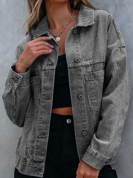 Blue Stripe Washed Oversize Pocketed Denim Jacket