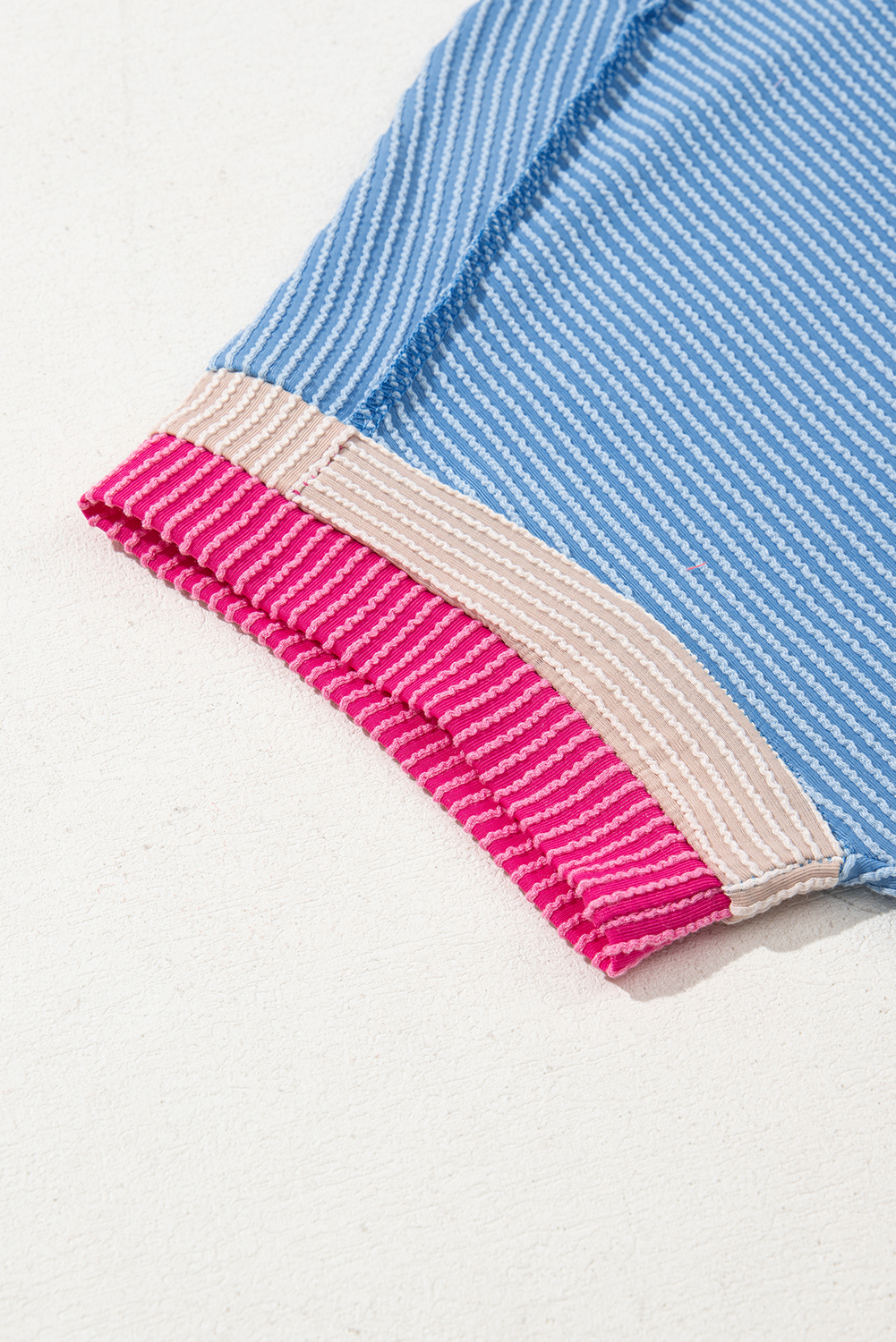 Sky Blue Textured Contrast Trim Round Neck T Shirt - Image 8