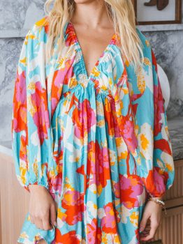 Sky Blue Floral Bracelet Sleeve Empire Waist Mini Dress