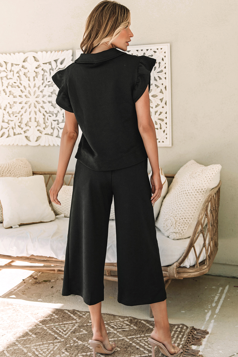 Black Textured Flutter Sleeve Top Wide Leg Pants Set - Image 2