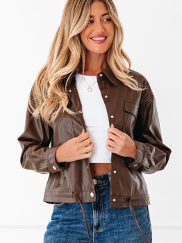 Chicory Coffee Double Flap Pocket Drawstring Hem Leather Jacket