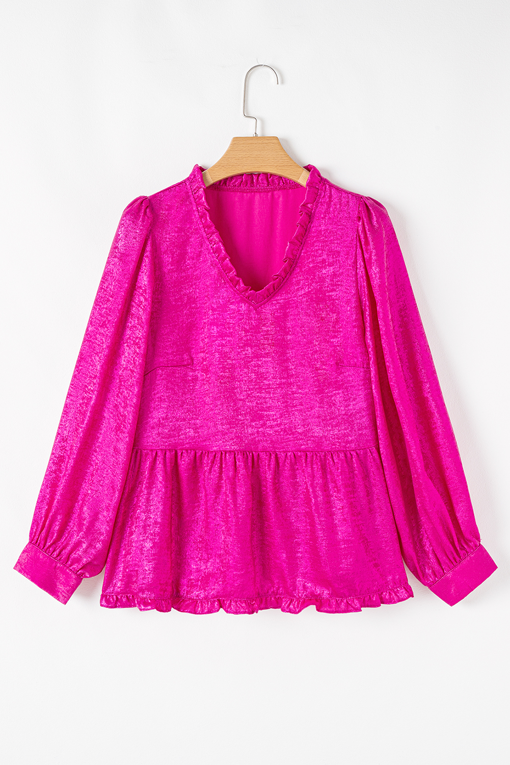 Rose Red Metallic Frilled V Neck Puff Sleeve Babydoll Blouse - Image 4