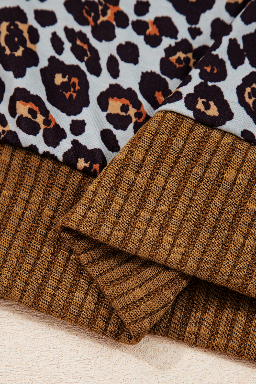 Brown Leopard Floral Print Ribbed Puff Sleeve Patchwork Loose Pullover - Image 7