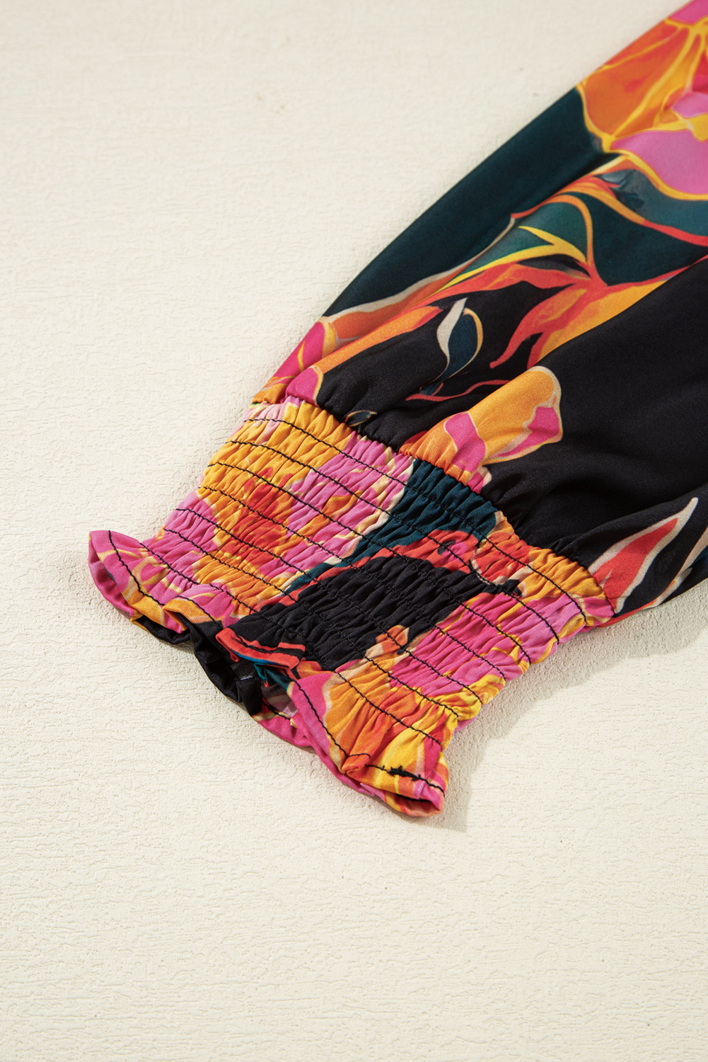 Black Floral Print Smocked Cuffs Puff Sleeve V Neck Blouse - Image 7