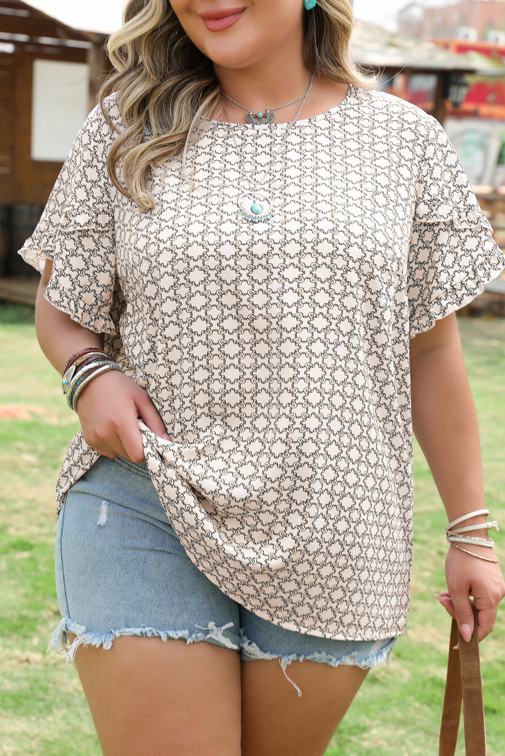 Khaki Plus Size Geometric Print Ruffled Sleeve Blouse - Image 6