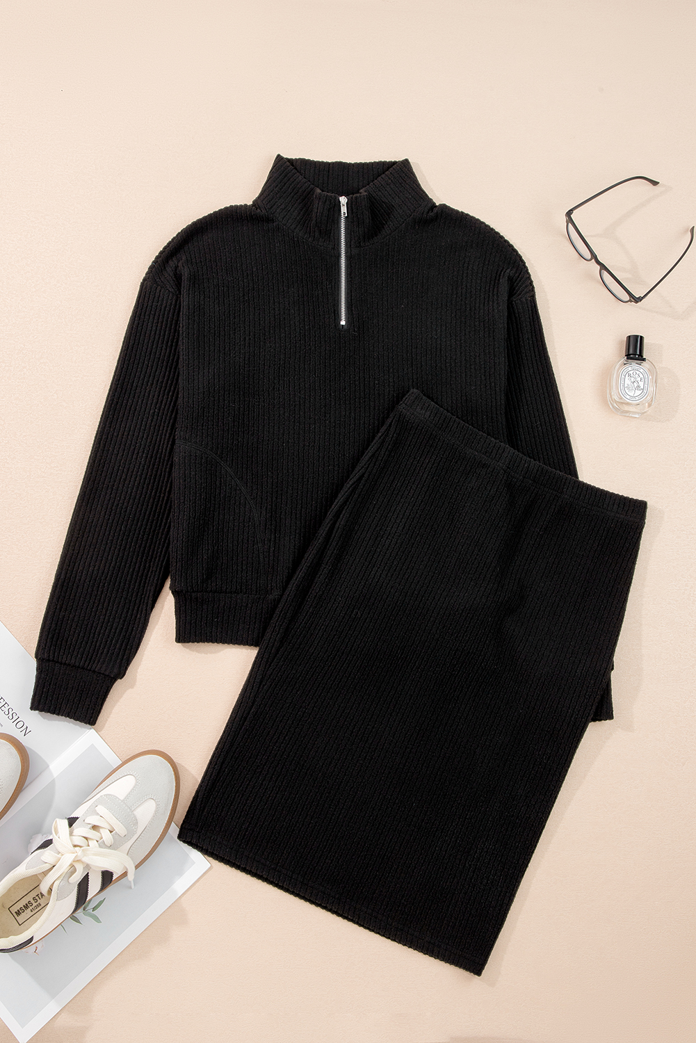 Black Ribbed Zip Stand Neck Drop Shoulder Pullover Bodycon Skirt 2pcs Set - Image 4