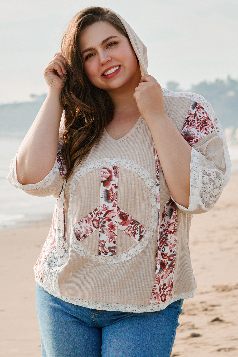 Khaki V Neck Floral Peace Sign Graphic Lace Patch Ribbed Plus Size Hooded Top - Image 4