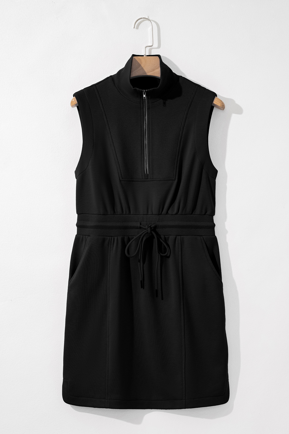 Black French Terry Zipped Collar Sleeveless Drawstring Waist Mini Dress - Image 5
