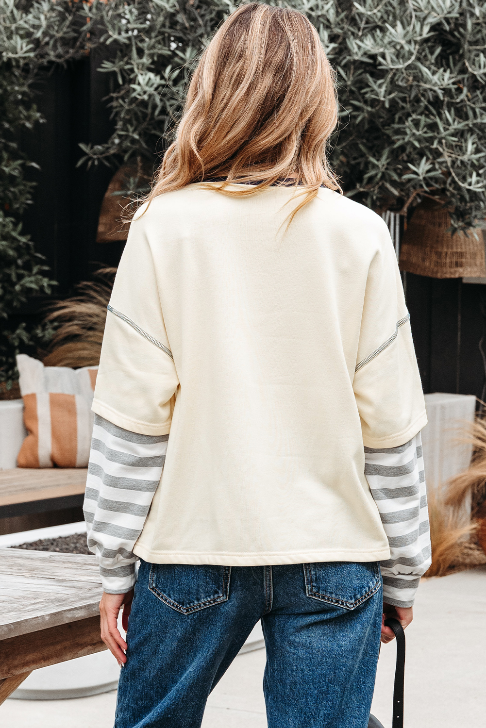 Beige Striped Patchwork Long Sleeve Round Neck Two-in-one Top - Image 8