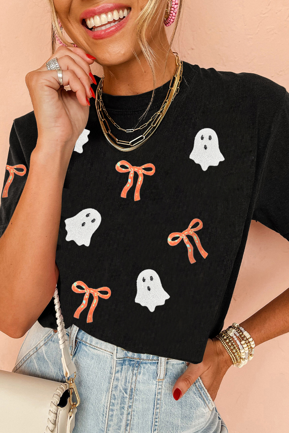 Black Sequin Bow Ghost Patched Halloween Graphic Tee - Image 3