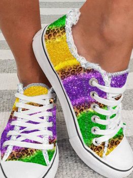 Multicolor Leopard Color Block Lace-up Canvas Shoes