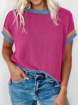 Bright Pink Textured Contrast Trim Round Neck T Shirt